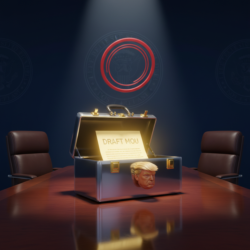 Cracked golden briefcase with an unsigned memorandum of understanding